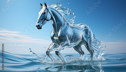 horse shaped figure mase of liquid water  transparent  translucent  melted  arising from inside sea waves  photorealistic  highly detailed  color