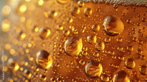 A close up of a glass of beer with droplets of water on the surface