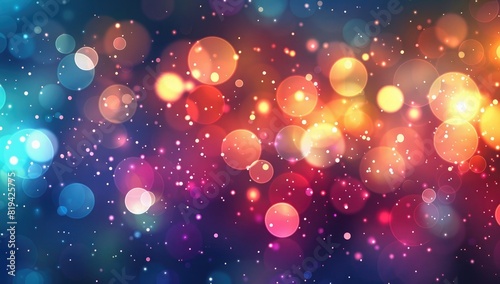 Abstract background with bokeh lights and glowing particles, festive design for celebration or party in colorful colors. Vector illustration of light effect on dark color backdrop