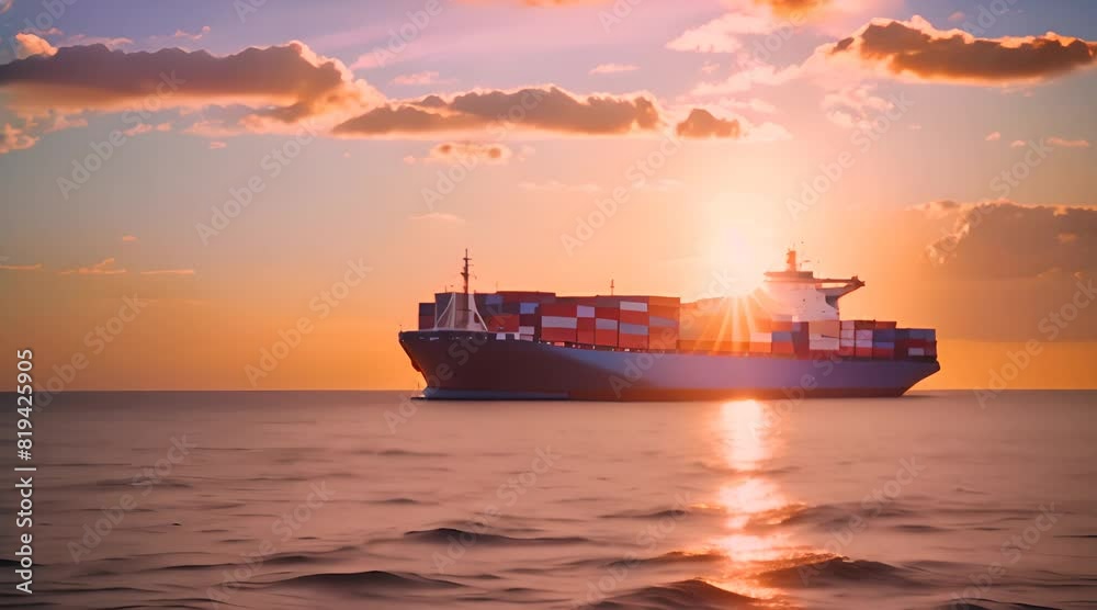 A huge cargo ship with towering stacks of colorful containers glides smoothly across the sparkling blue sea A huge cargo ship with towering stacks of colorful containers glides smoothly across the sparkling blue sea