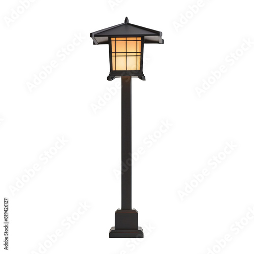 Japanese style steel street light pole with light bulbs.