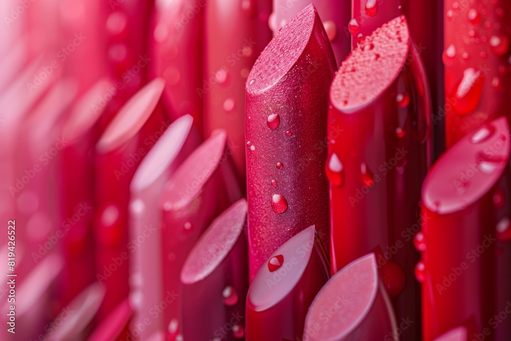 A close up of a bunch of red lipsticks with water droplets on them