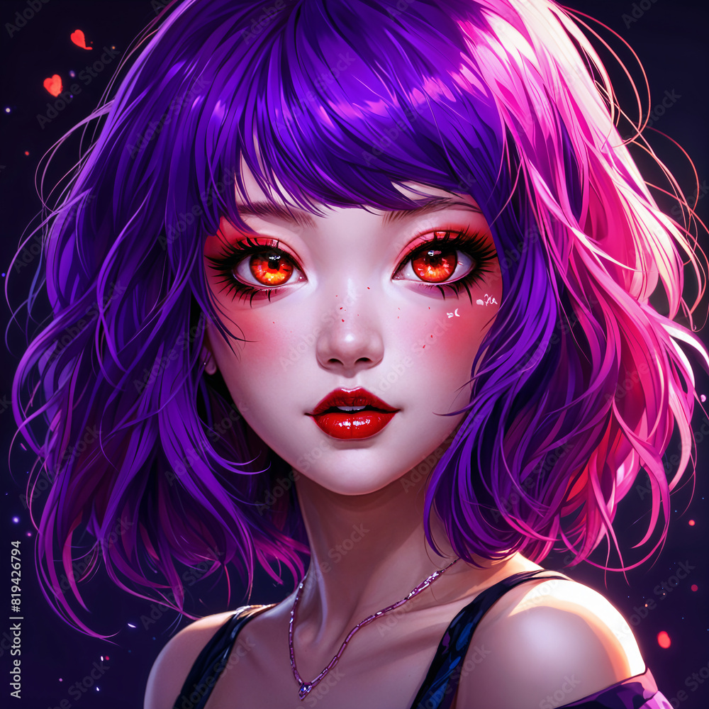 A young anime woman with vibrant purple hair and striking red eyes, wearing a black top with a necklace. She has a soft expression on face and is set against a dark background with pink highlights.