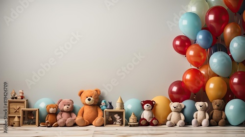 front view of children's day background with balloon and doll ornaments