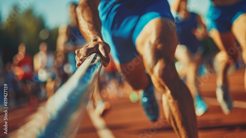 Action shot of a runner during a relay race, passing the baton with precision and teamwork, ideal for sportswear and fitness promotions. photo