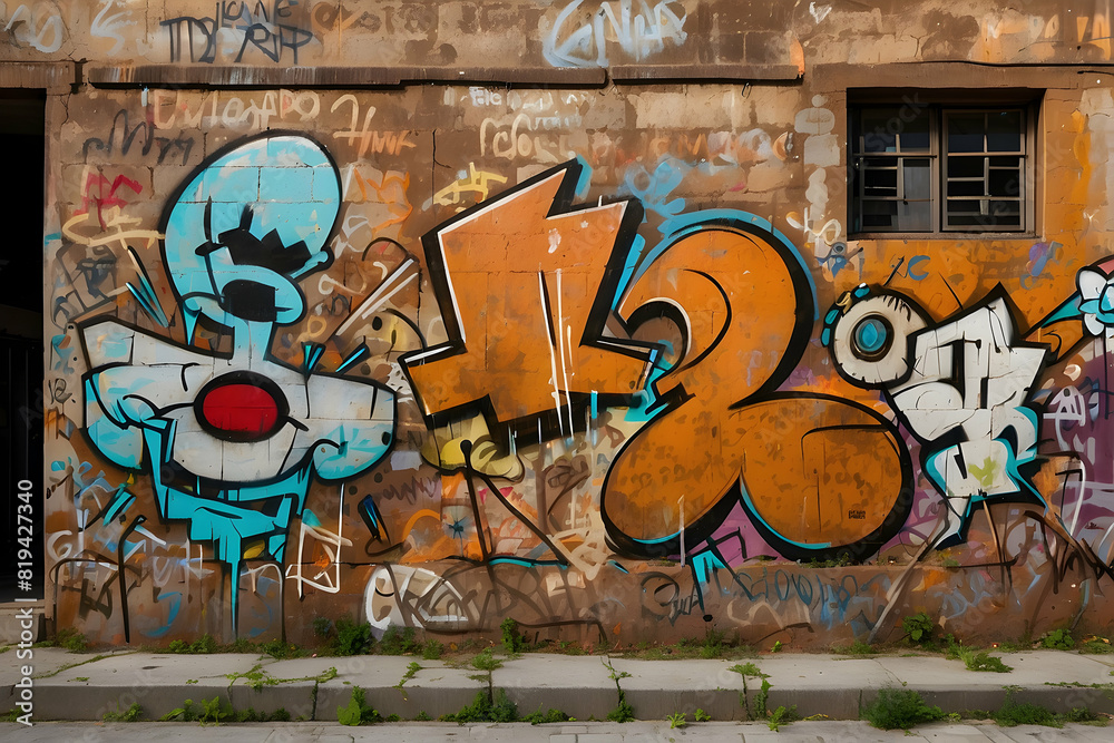 A vivid graffiti wall art depicting abstract characters and shapes on an old, graffiti-covered building invites urban exploration