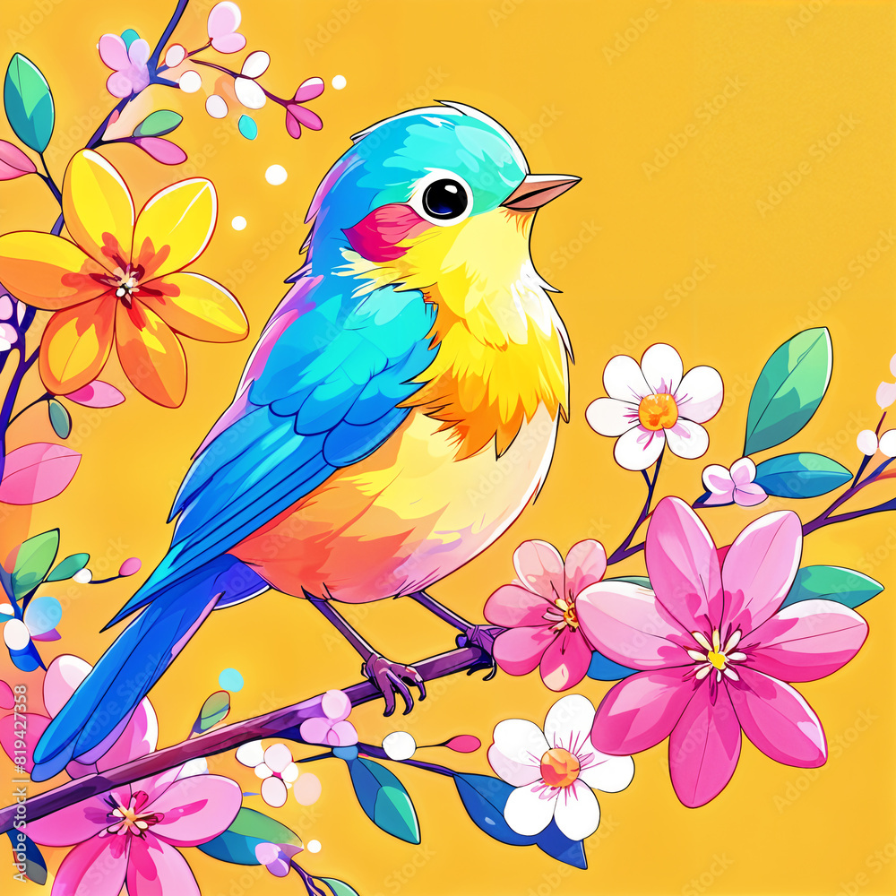 Fototapeta premium A colorful bird perched on a branch adorned with flowers, set against a vibrant yellow background.