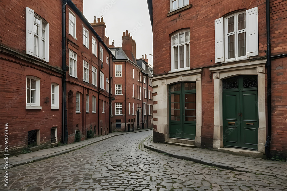 Cobblestone alley flanked by red brick buildings with green doors, evoking the historic charm of a European town Cobblestone alley flanked by red brick buildings with green doors, evoking the historic charm of a European town