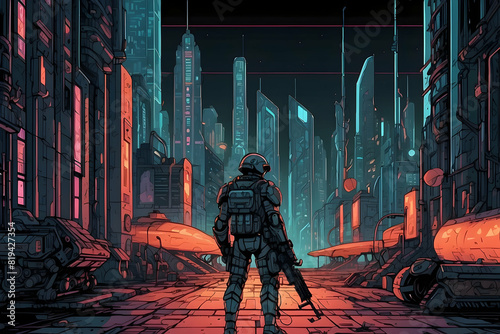 A soldier with futuristic armor stands in a neon-lit city, hinting at dystopian themes photo