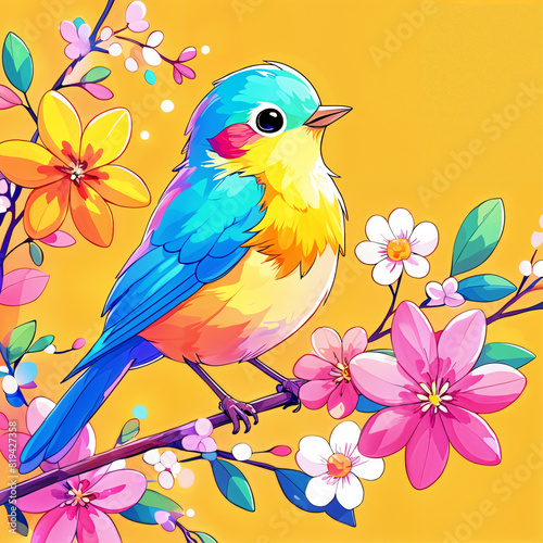 A colorful bird perched on a branch adorned with flowers  set against a vibrant yellow background.