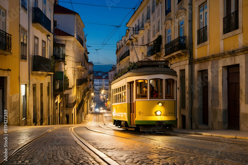 A classic yellow tram moving along a deserted city street during the blue hour