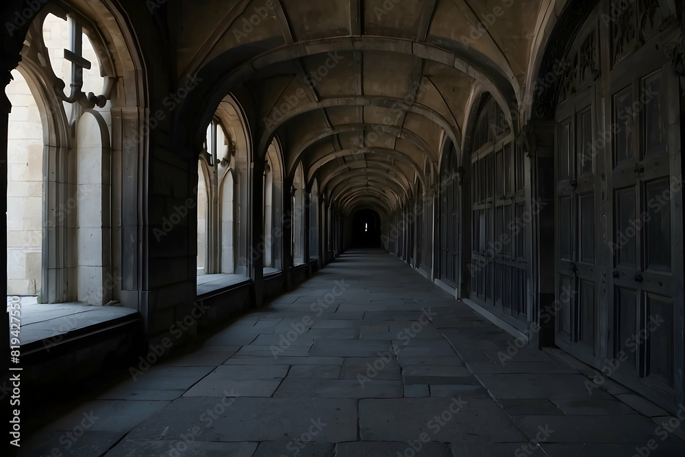 An atmospheric image showing the gothic architecture of an ancient stone corridor in a historic building