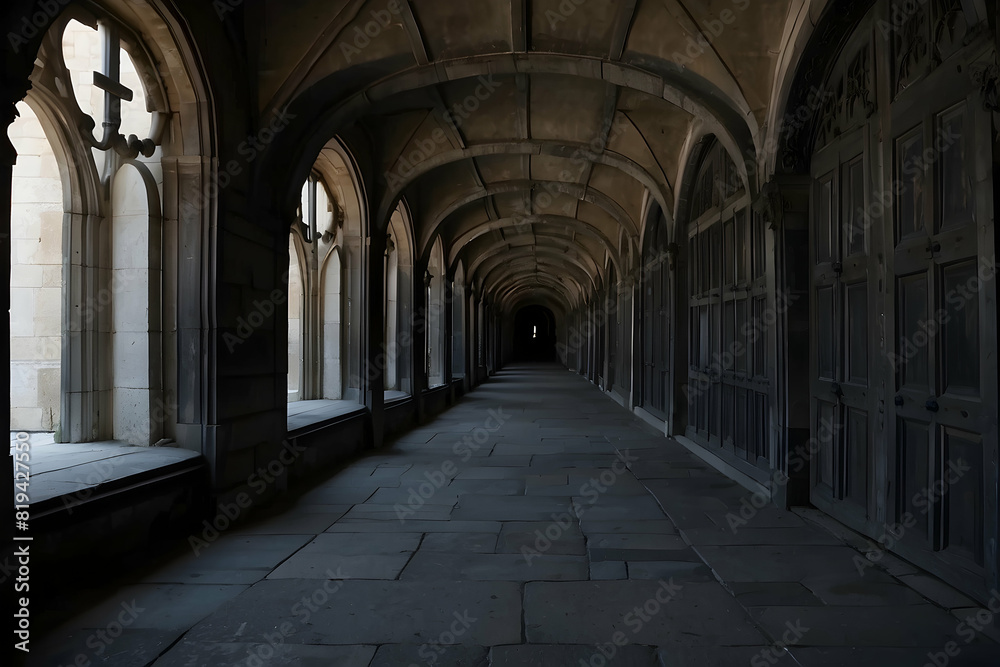 An atmospheric image showing the gothic architecture of an ancient stone corridor in a historic building An atmospheric image showing the gothic architecture of an ancient stone corridor in a historic building