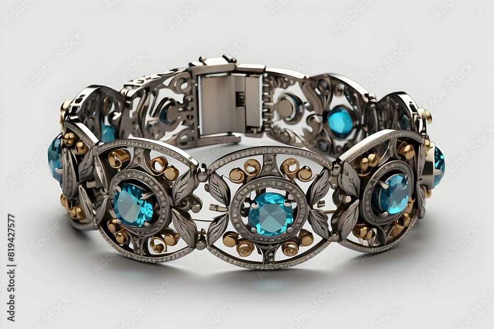 A luxury bracelet with detailed metal design and blue gemstone embellishments, isolated on a white background A luxury bracelet with detailed metal design and blue gemstone embellishments, isolated on a white background