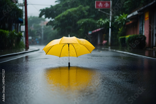 A vibrant yellow umbrella stands open in the middle of a wet urban road with raindrops and a calm ambiance