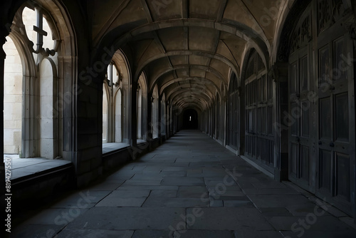 An atmospheric image showing the gothic architecture of an ancient stone corridor in a historic building