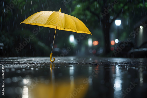 Striking yellow umbrella stands out on the wet, reflective surface during a night rain with blurred lights in the background