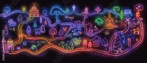 A colorful neon landscape with various whimsical elements like trees, castles, and animals - perfect for creative projects.