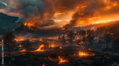 Blazing Forest Inferno with Smoke Clouds and Fiery Trees