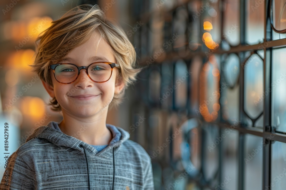 A young boy wearing glasses is smiling and looking at the camera, medical selection of glasses in optics A young boy wearing glasses is smiling and looking at the camera, medical selection of glasses in optics