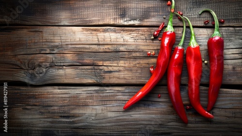 Spicy chili, wooden backdrop.