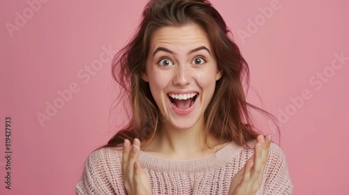 A woman with long brown hair is smiling and raising her hands in the air photo