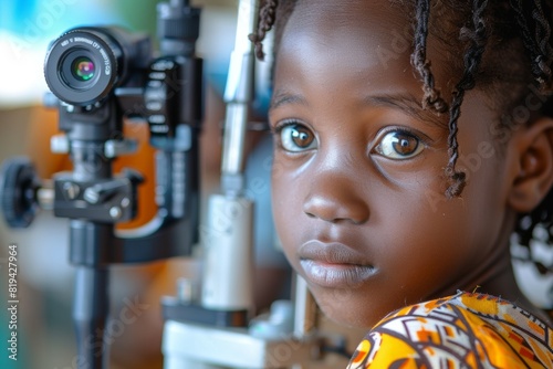 A young girl with dark hair and brown eyes is looking at the camera, medical selection of glasses in optics