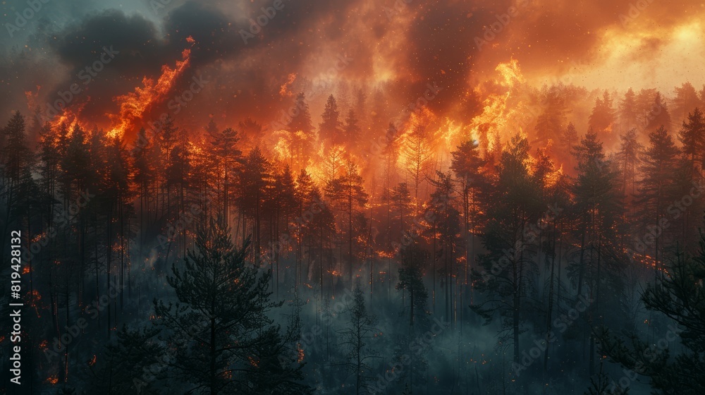 Forest Fire with Burning Trees and Smoke Filling the Sky Forest Fire with Burning Trees and Smoke Filling the Sky