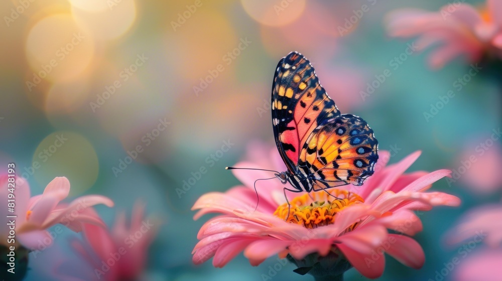 A butterfly is stationed on a pink bloom. A butterfly is stationed on a pink bloom.