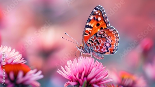 On a pink flower, a butterfly sits.