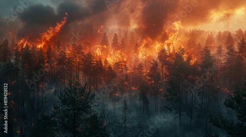 Forest Fire with Burning Trees and Smoke Filling the Sky