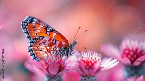 A butterfly is settled on a pink bloom.