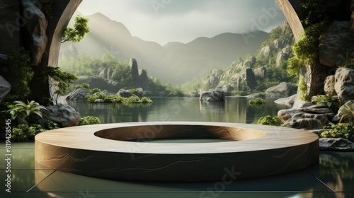 3d circle podium product stand or display with sky and Water background and cinematic light © GradPlanet