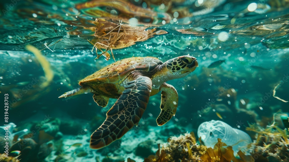 Fototapeta premium Sea Turtle Swimming Amid Plastic Waste, Highlighting Environmental Pollution