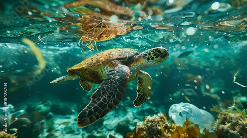 Sea Turtle Swimming Amid Plastic Waste, Highlighting Environmental Pollution © mamoo studio