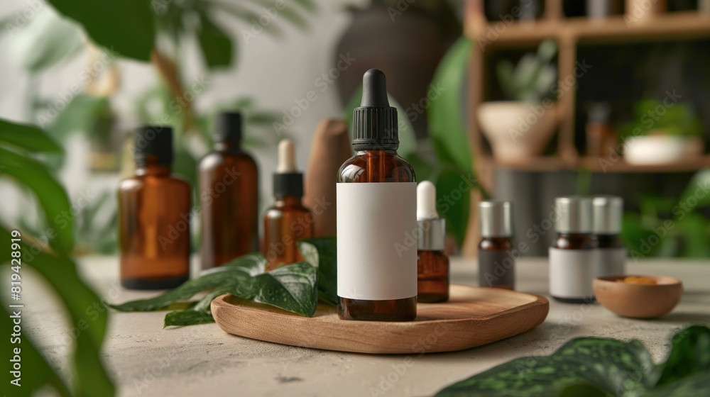 Essential Oil Bottles on Wooden Tray with Greenery Background