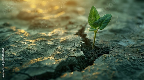 Young Green Plant Sprouting in Arid Soil with Sunlight