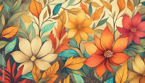 A floral background, comic illustration style, vintage painting, and watercolor style, with grain texture of antique paintings; abstract pattern for creative design