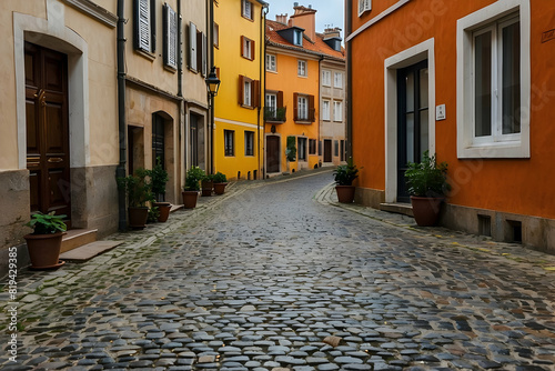 An empty cobbled street flanked by colorful traditional European buildings and potted plants