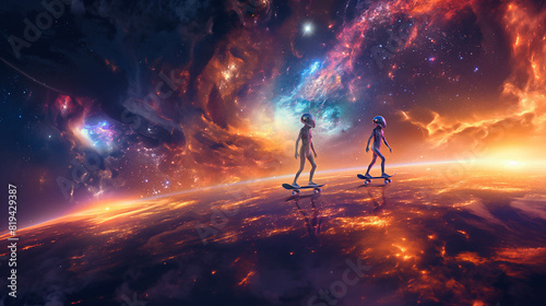 Colorful space scene with two aliens on skateboards. Skateboarding in the cosmos, colorful clouds photo