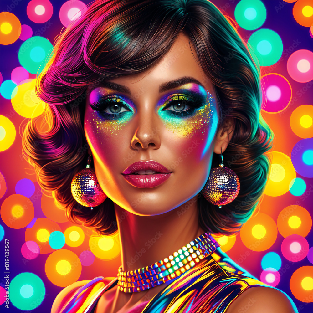 A vibrant and colorful portrait of a woman with striking makeup, including glittery eyeshadow and bold lipstick, set against a backdrop of multicolored circles.
