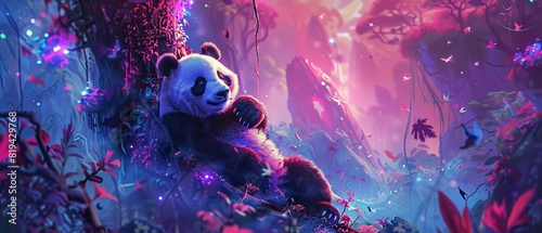 A serene panda rests in a vibrant, mystical forest illuminated by colorful lights and ethereal surroundings, creating a tranquil scene. photo