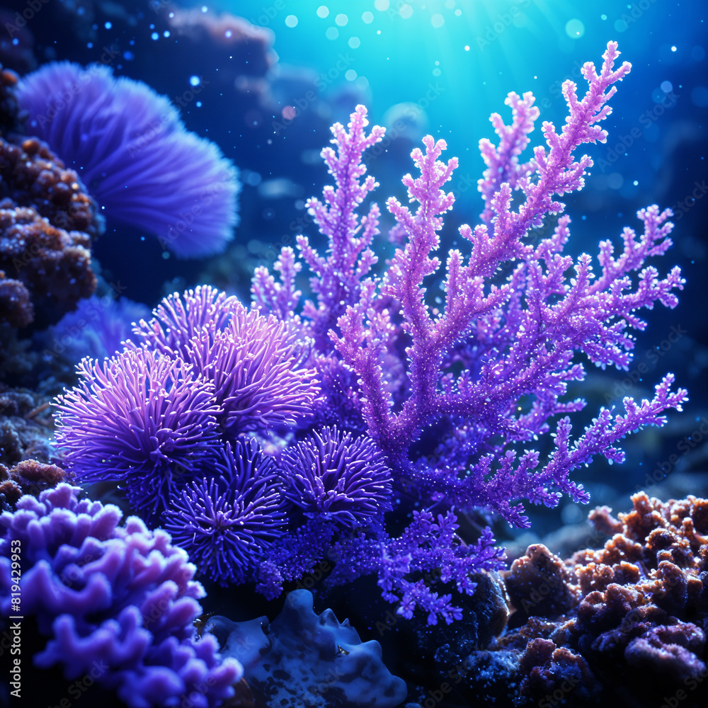 Obraz premium A vibrant underwater scene with purple coral and other colorful marine life, set against the backdrop of a blue ocean floor.