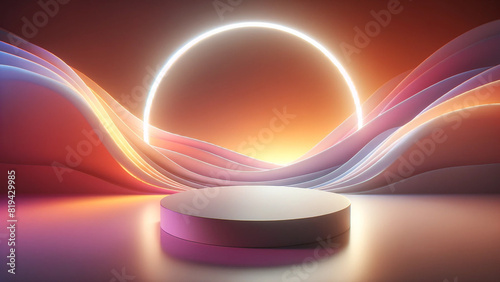 A bright blue glowing bulb against a colorful, abstract backdrop of swirling light waves. 3D podium render. photo
