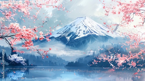 Illustration of Mount Fuji surrounded by vibrant cherry blossoms, capturing the essence of spring in Japan.