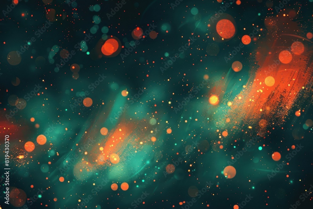 Abstract background with orange and teal colors, digital art, paint splashes, vector illustration, glowing lights, dark green background, grainy texture, red sparks, fire particles.