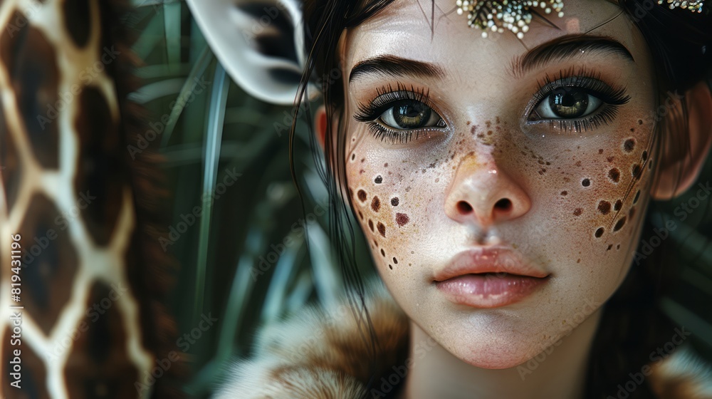 Intriguing portrait of a girl with giraffe spots and features, blending human beauty with the wild essence of a giraffe. Intriguing portrait of a girl with giraffe spots and features, blending human beauty with the wild essence of a giraffe.