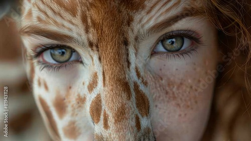 Intriguing portrait of a girl with giraffe spots and features, blending human beauty with the wild essence of a giraffe.