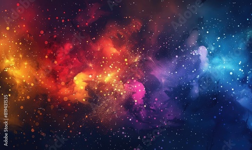 Abstract colorful background with a dark night sky and stars, fantasy illustration with splashes of color like an explosion of paint particles