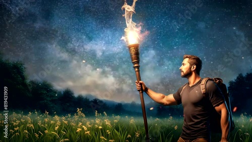 Man holding torch at night, illuminating the darkness with a warm, guiding light